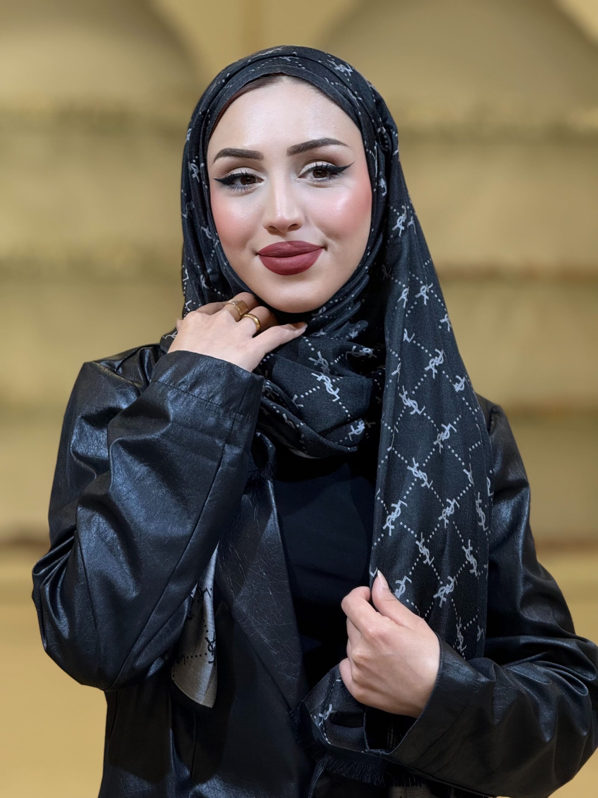 Ysl  Desen Kendinden Dokulu Desenli İtalyan Şal-10010- Gri Siyah