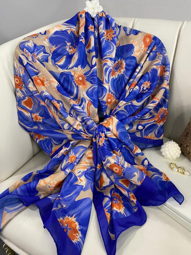 PAPATYA DESEN PAMUK İPEKSİ ŞAL 25896- SAKS