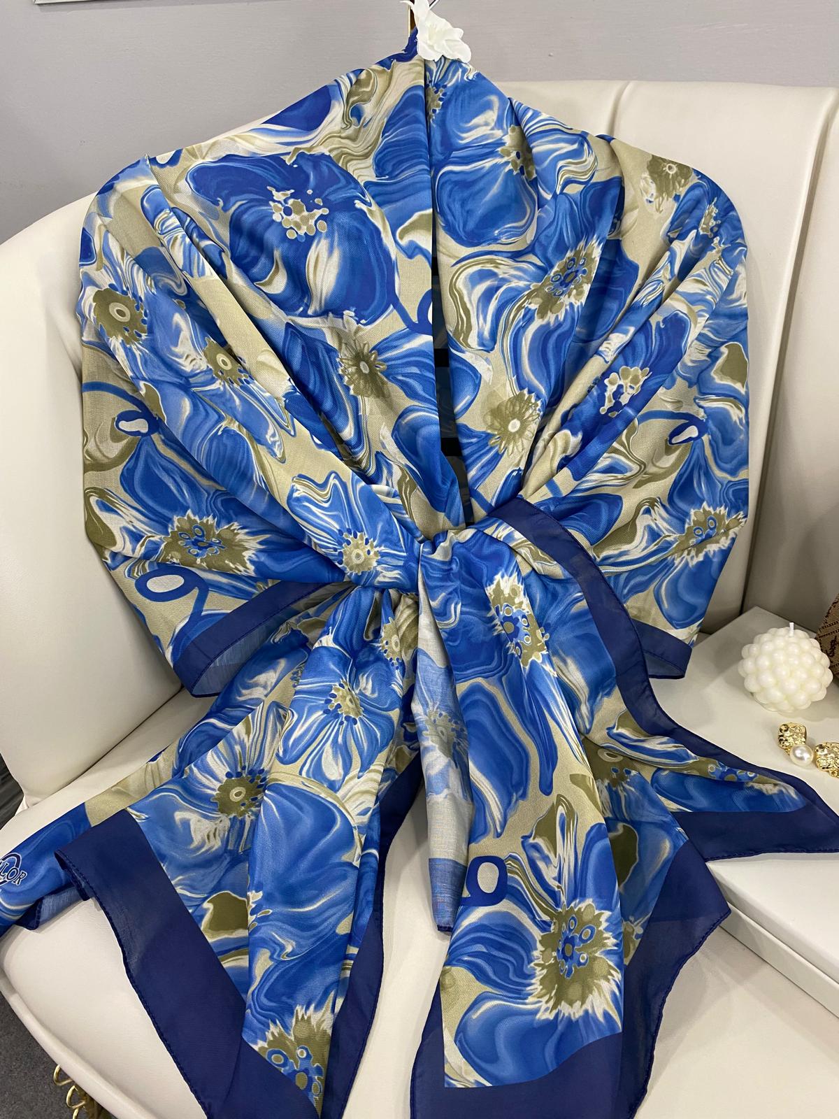 PAPATYA DESEN PAMUK İPEKSİ ŞAL 25896- MAVİ