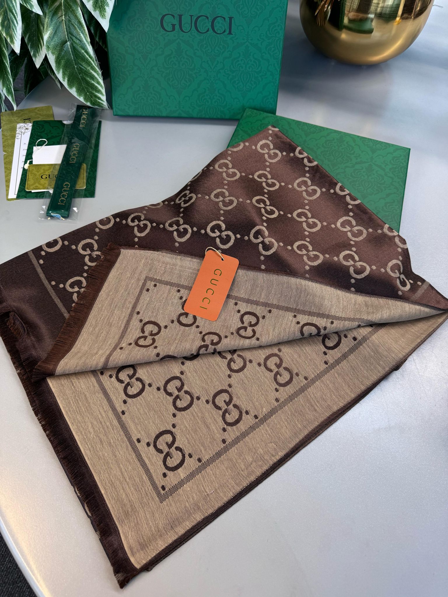 Gucci İthal Yün  İpek Şal Tam Set Kutulu Sertifikalı-Kahve