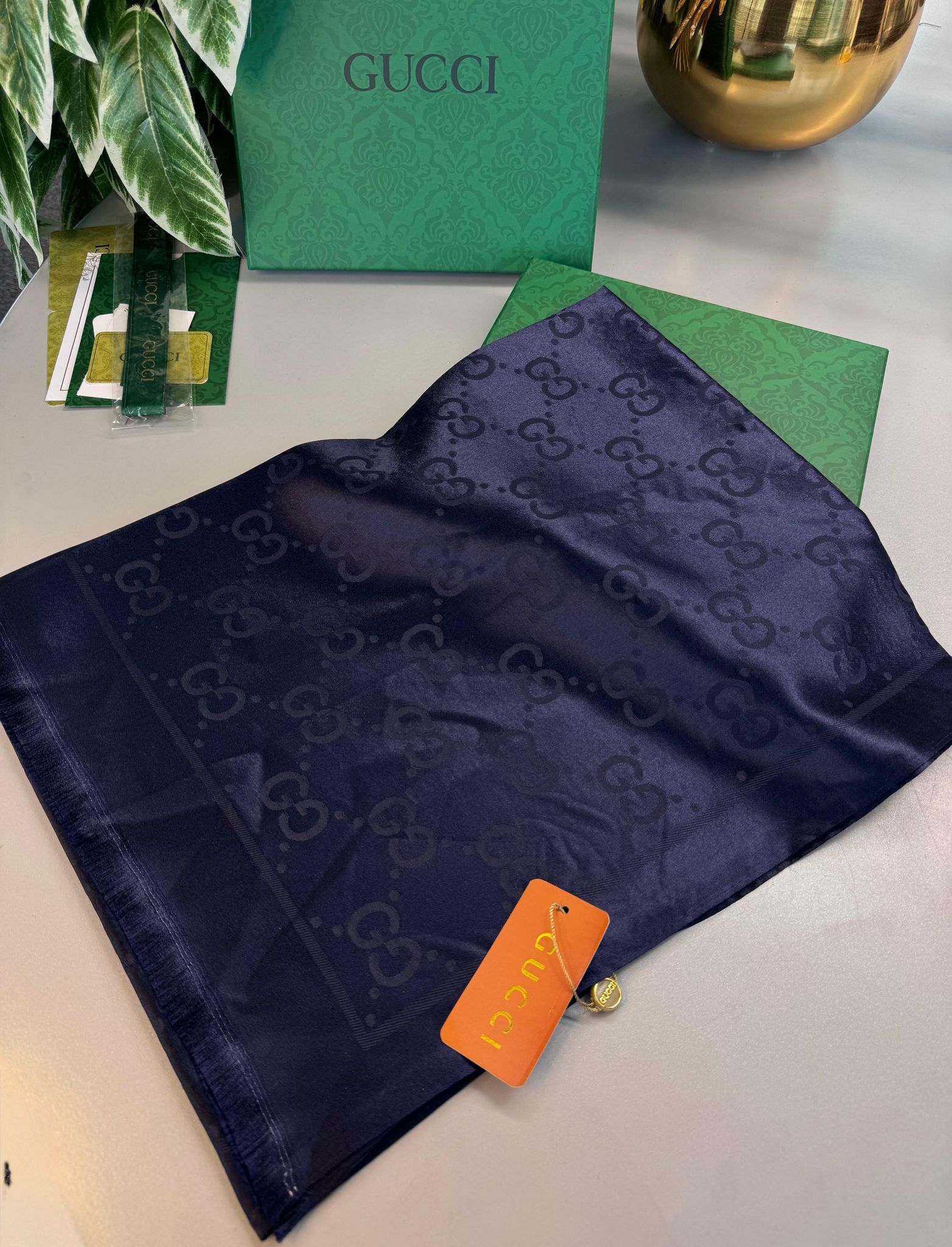 Gucci İthal Yün  İpek Şal Tam Set Kutulu Sertifikalı-Lacivert