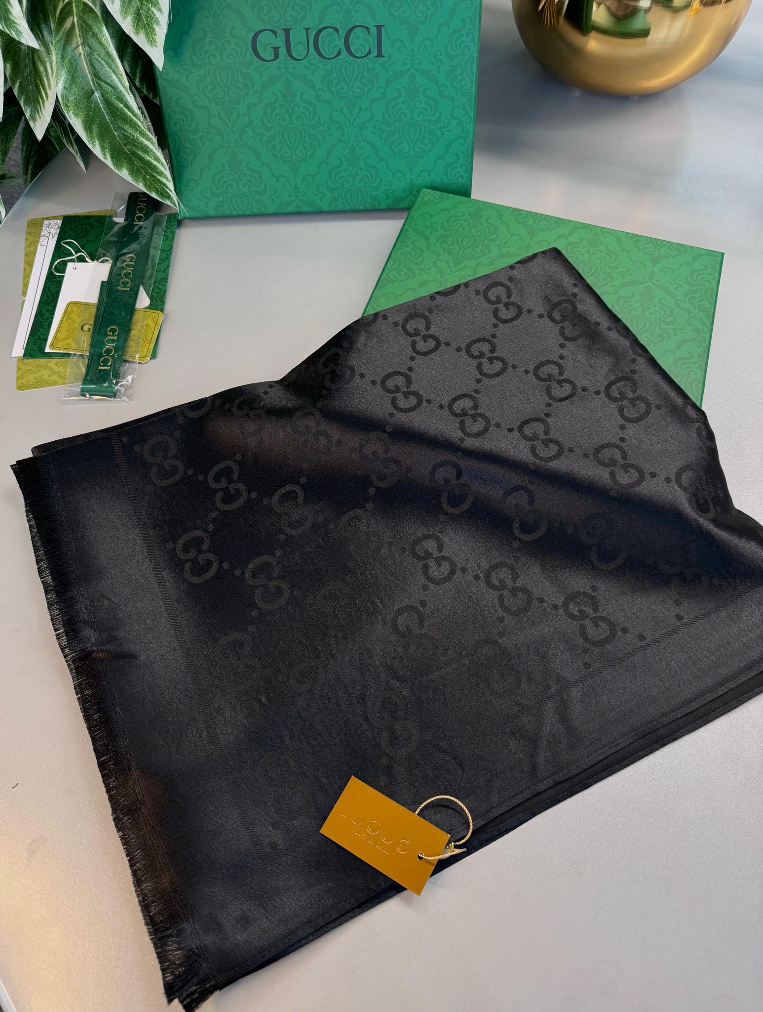 Gucci İthal Yün  İpek Şal Tam Set Kutulu Sertifikalı-Siyah