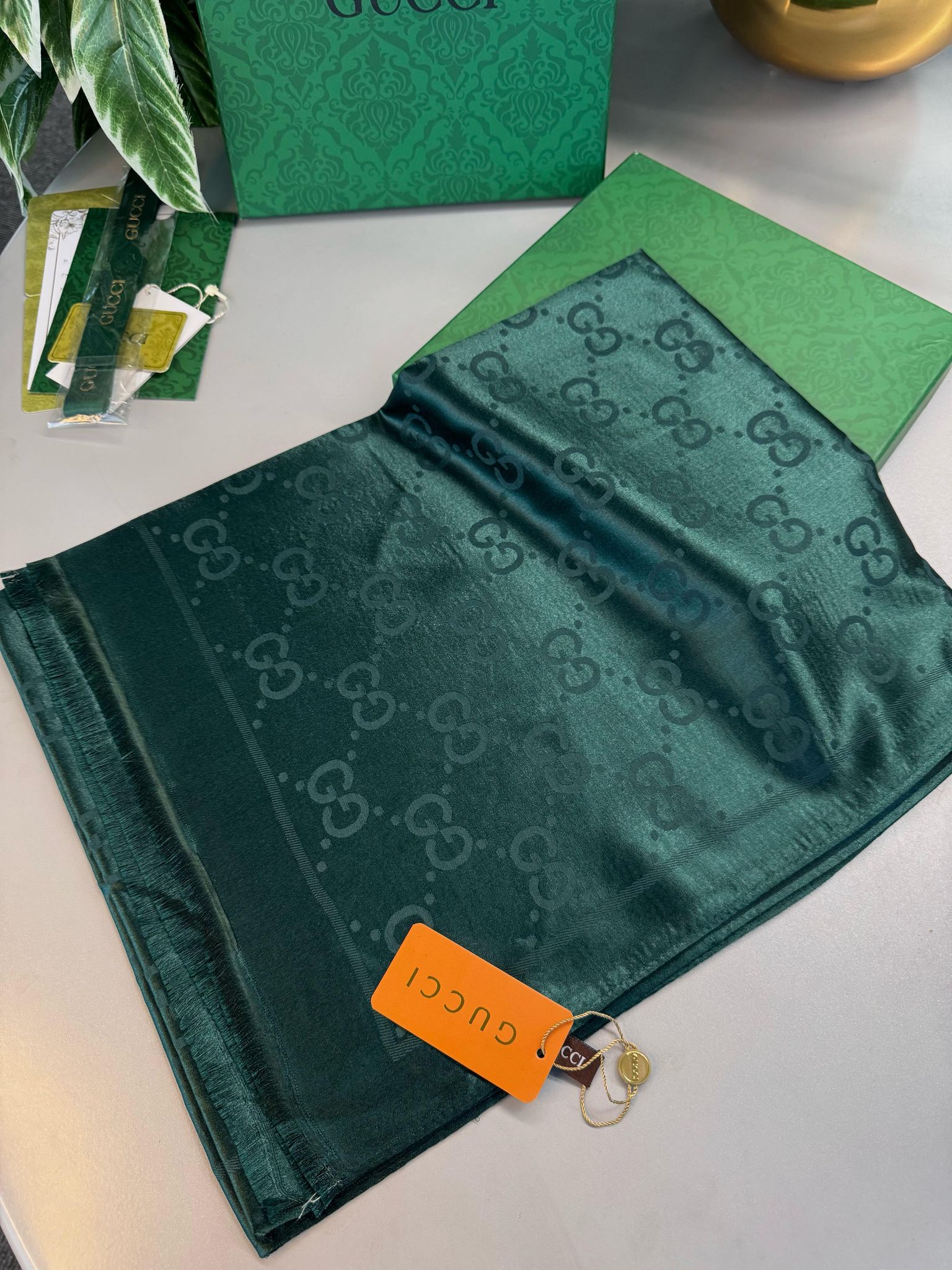 Gucci İthal Yün  İpek Şal Tam Set Kutulu Sertifikalı-Zümrüt