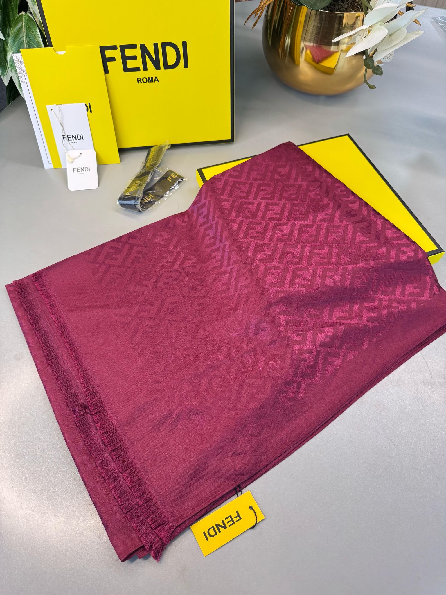 Fendi  İthal Yün  İpek Şal Tam Set Kutulu Sertifikalı-Bordo