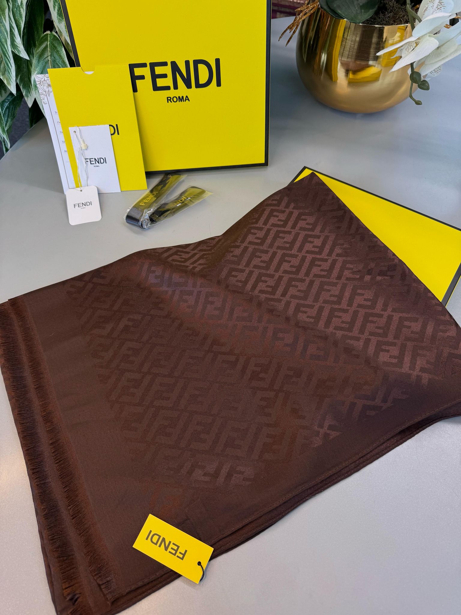 Fendi  İthal Yün  İpek Şal Tam Set Kutulu Sertifikalı-Acı Kahve