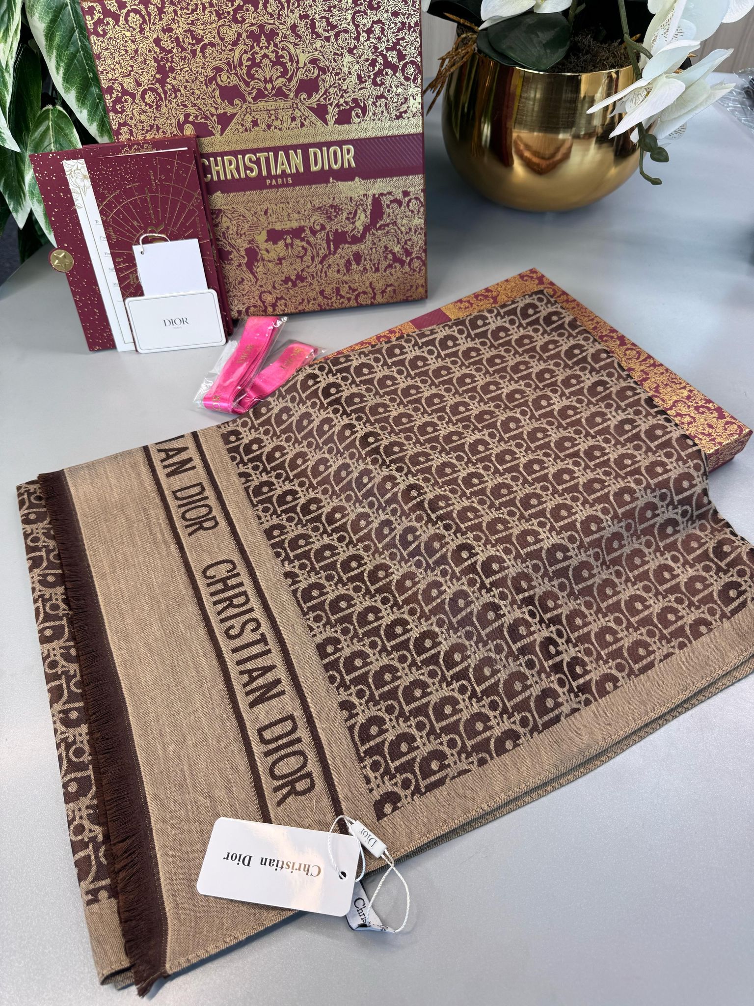 Dior  İthal Yün  İpek Şal Tam Set Kutulu Sertifikalı-Kahve