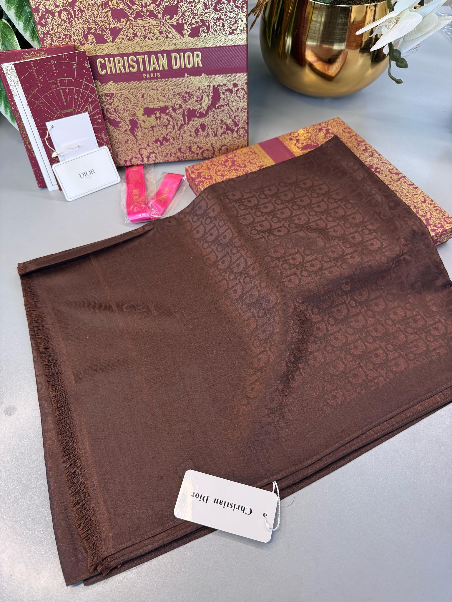 Dior  İthal Yün  İpek Şal Tam Set Kutulu Sertifikalı-Acıkahve