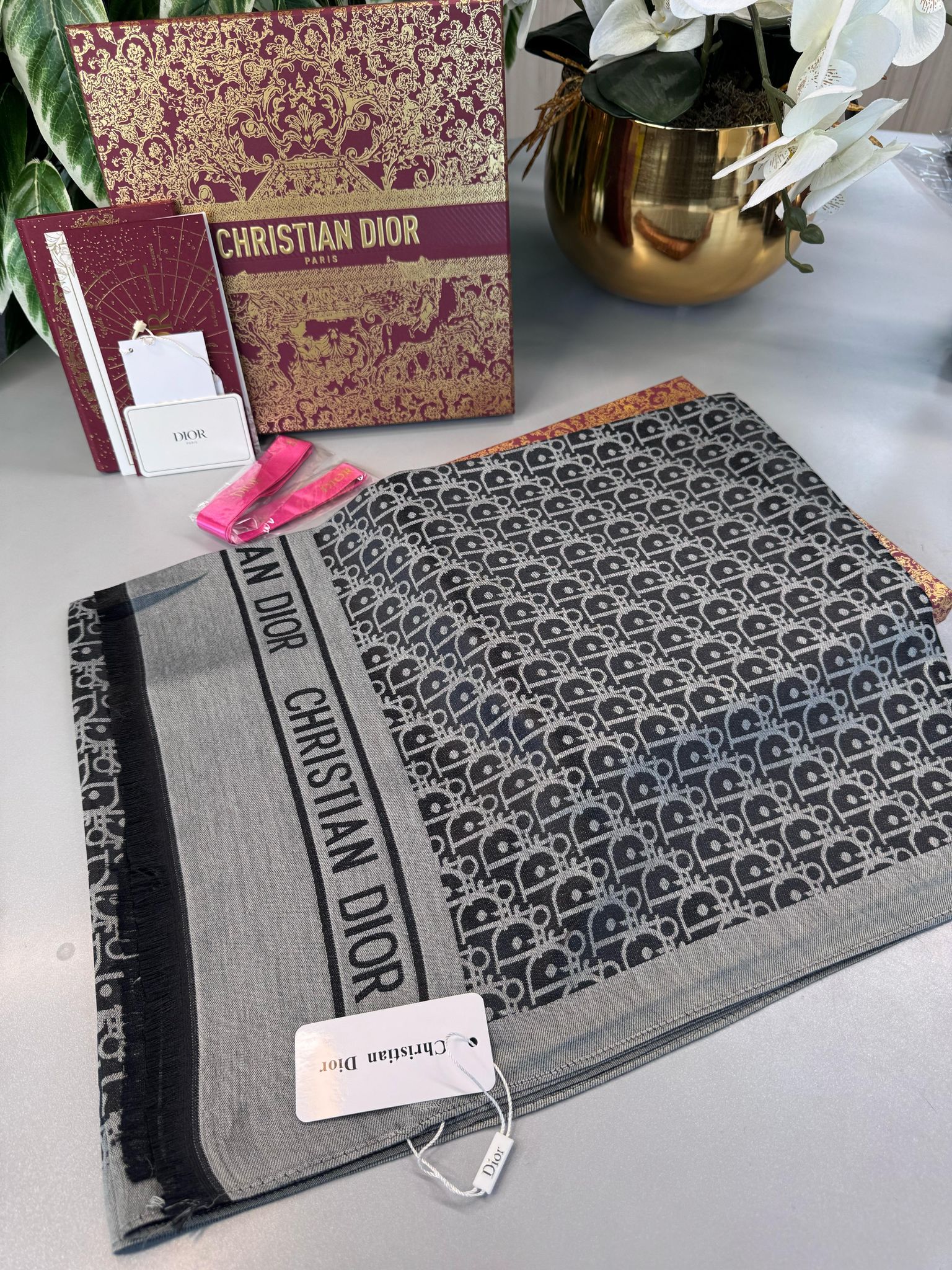 Dior  İthal Yün  İpek Şal Tam Set Kutulu Sertifikalı-Gri-Antrasit