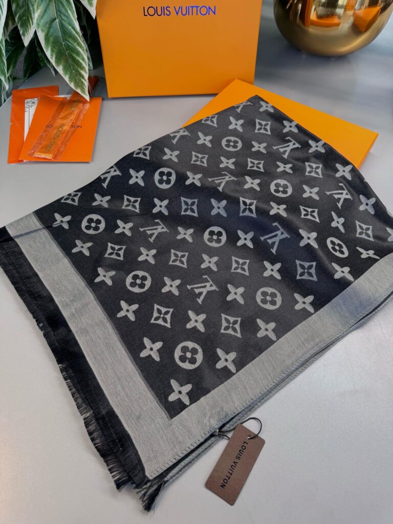 Lv  İthal Yün  İpek Şal Tam Set Kutulu Sertifikalı-Gri-Siyah