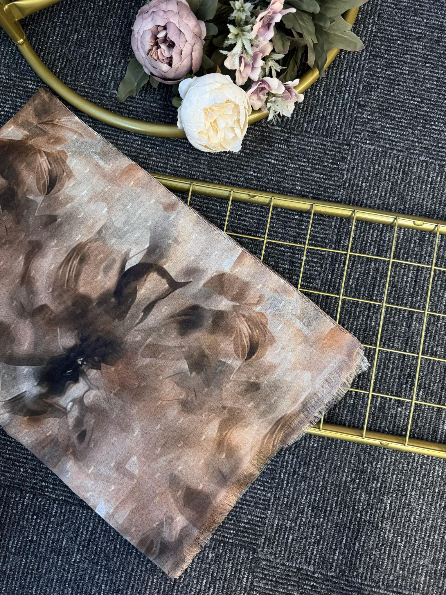 Floral Paısley Naturel Pamuk Desen Şal -741852-Toprak Gölgesi