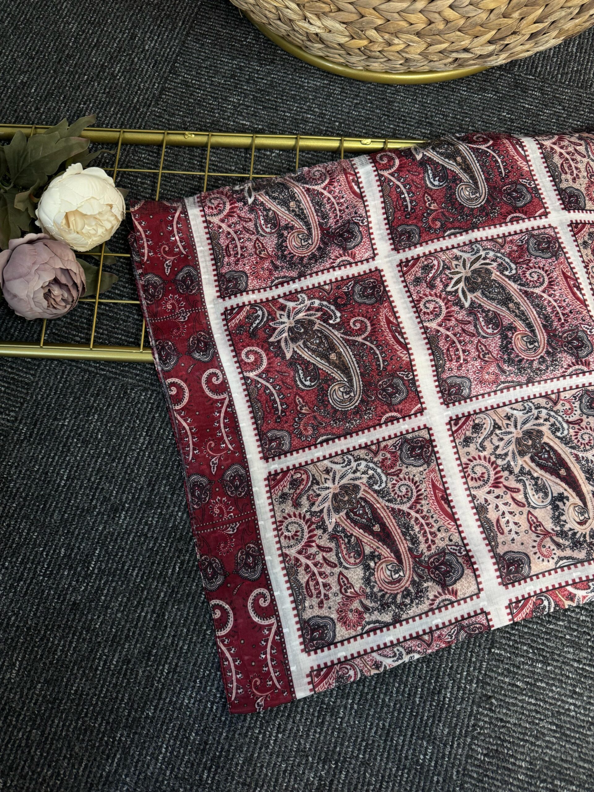 Zemheri Motif Pamuk  Şal-665544-Kırmızı