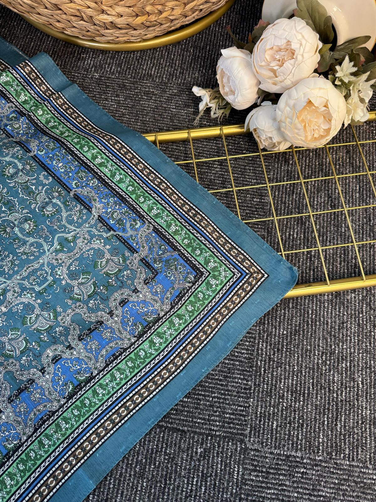 Vintage  Desen Naturel ipek Şal-010203-Mint