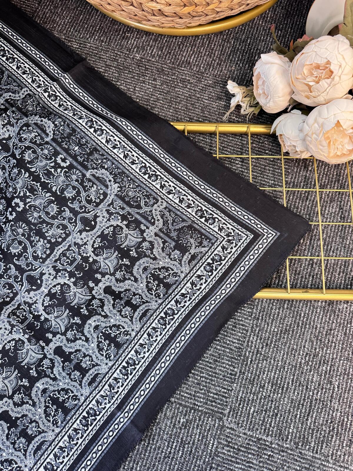 Vintage  Desen Naturel ipek Şal-010203-Siyah