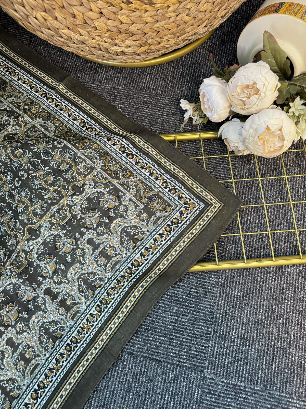 Vintage  Desen Naturel ipek Şal-010203-Haki