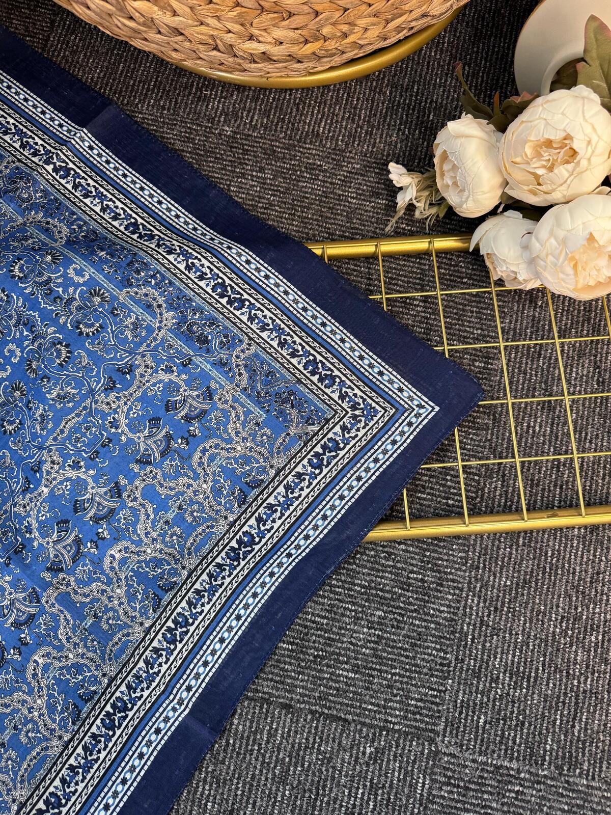 Vintage  Desen Naturel ipek Şal-010203-Mavi