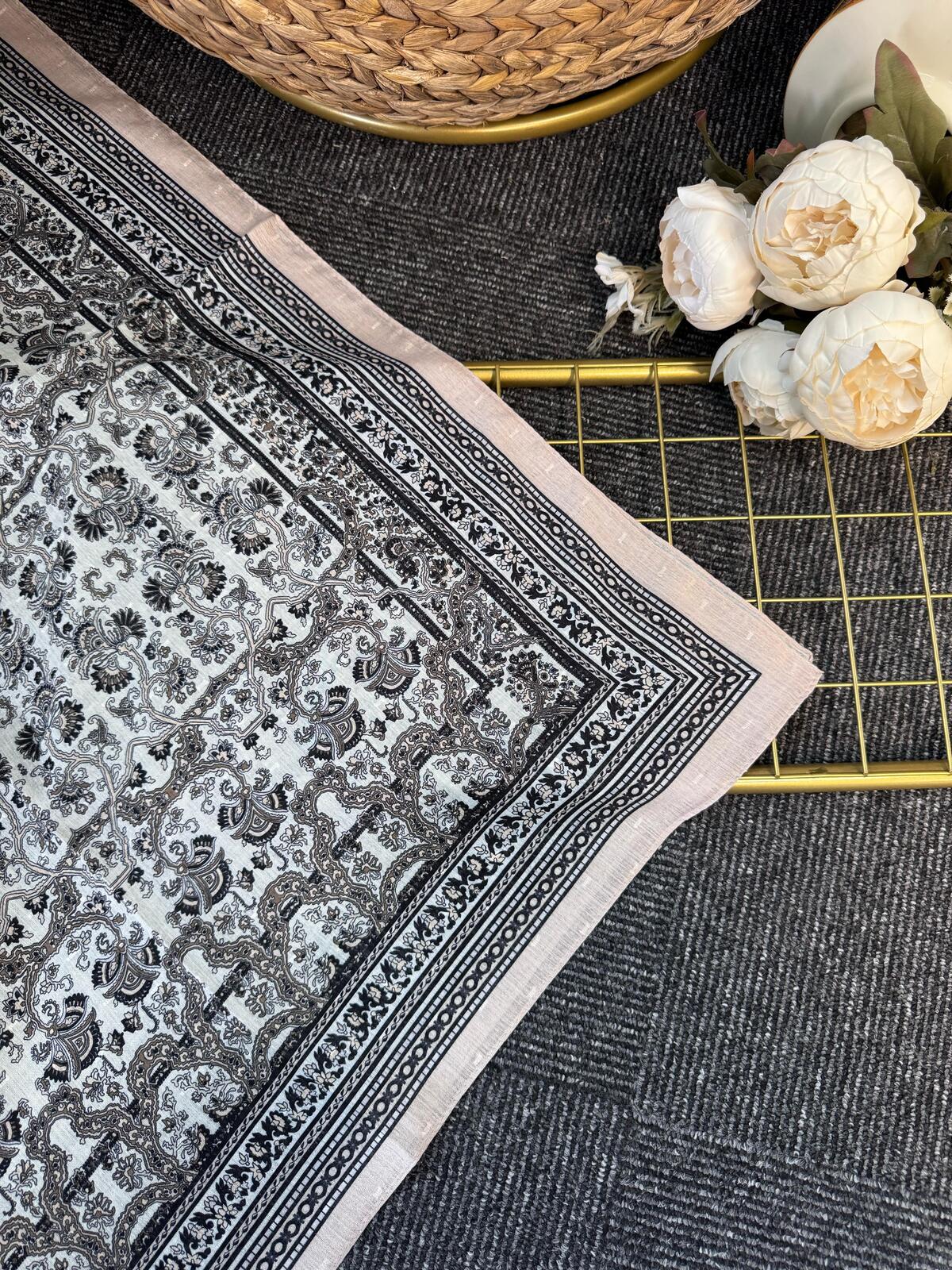 Vintage  Desen Naturel ipek Şal-010203-TAŞ