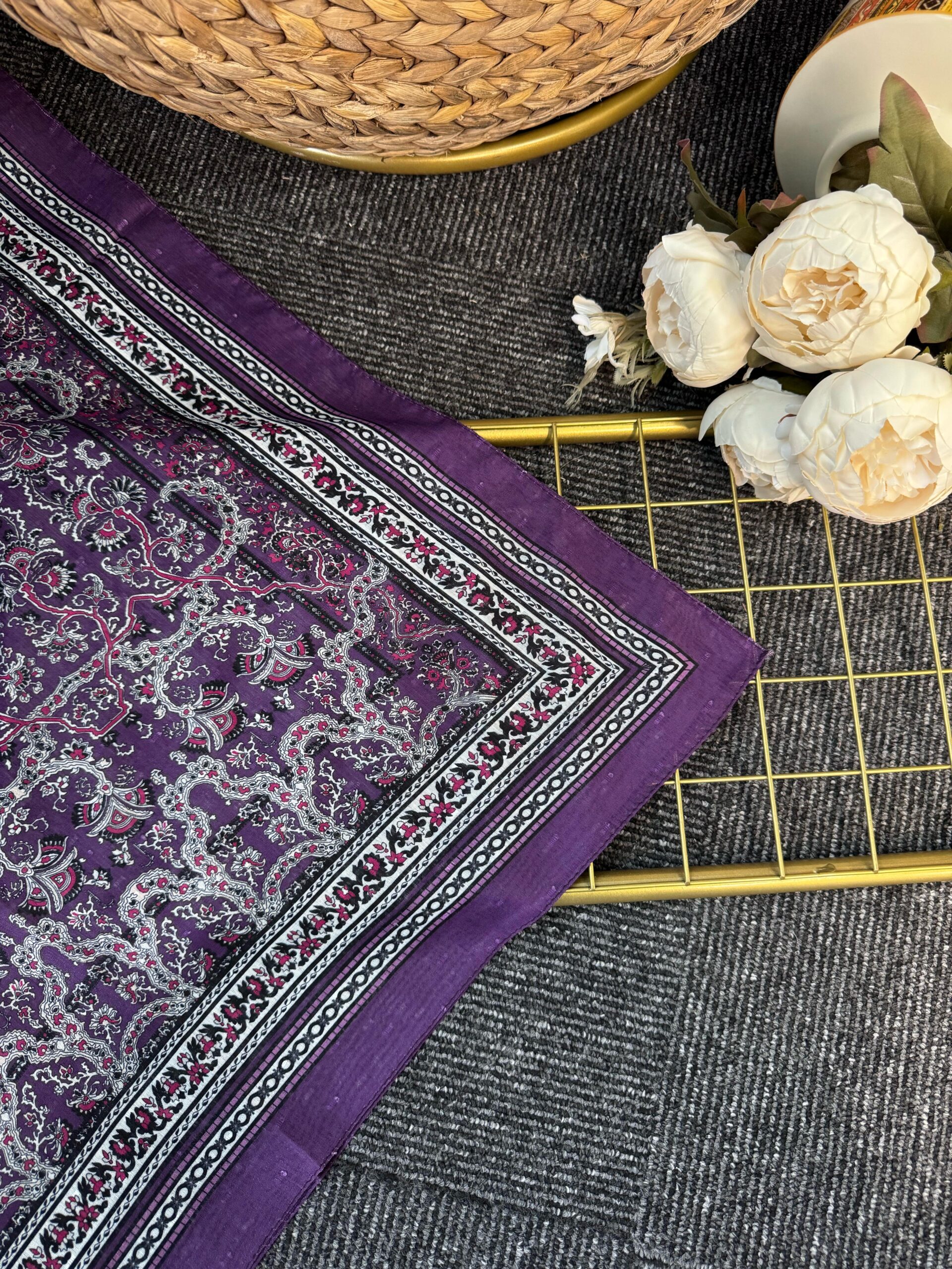 Vintage  Desen Naturel ipek Şal-010203-Mor