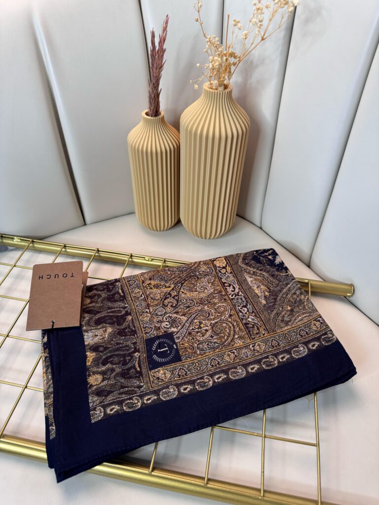 Touch İthal Etnik Desen Pamuk İpek Şal-35330-Lacivert -Camel