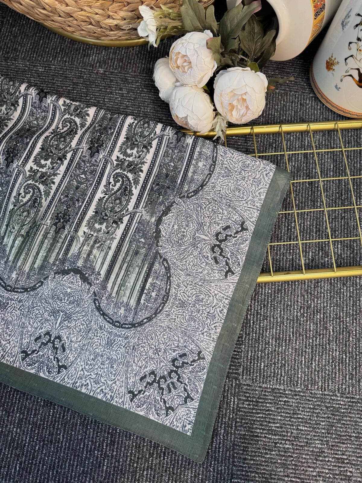 Etnik Floral Desenli Naturel İpek Şal -050607-Çağla