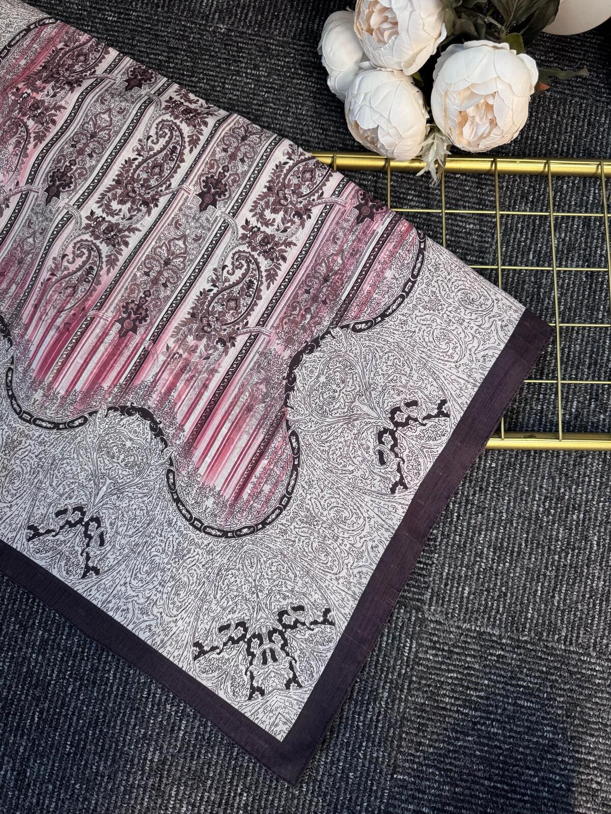 Etnik Floral Desenli Naturel İpek Şal -050607-Kahve