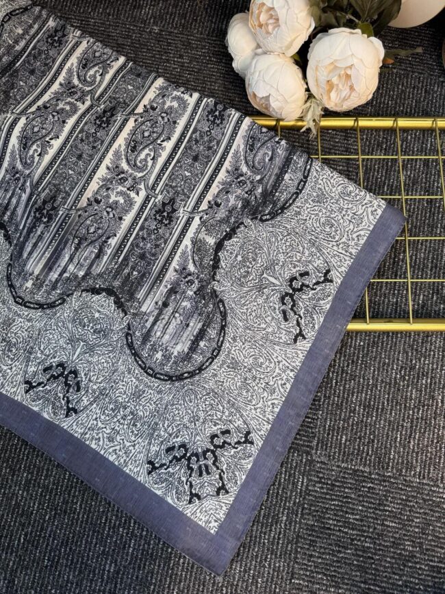 Etnik Floral Desenli Naturel İpek Şal -050607-Gri