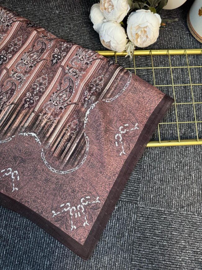 Etnik Floral Desenli Naturel İpek Şal -050607-Acıkahve