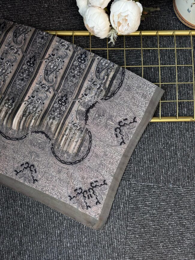 Etnik Floral Desenli Naturel İpek Şal -050607-Latte