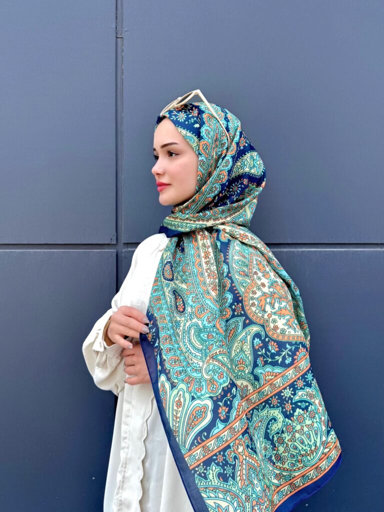 Harem Desen Pamuk İpek Şal-30000-Gece Turkuazı