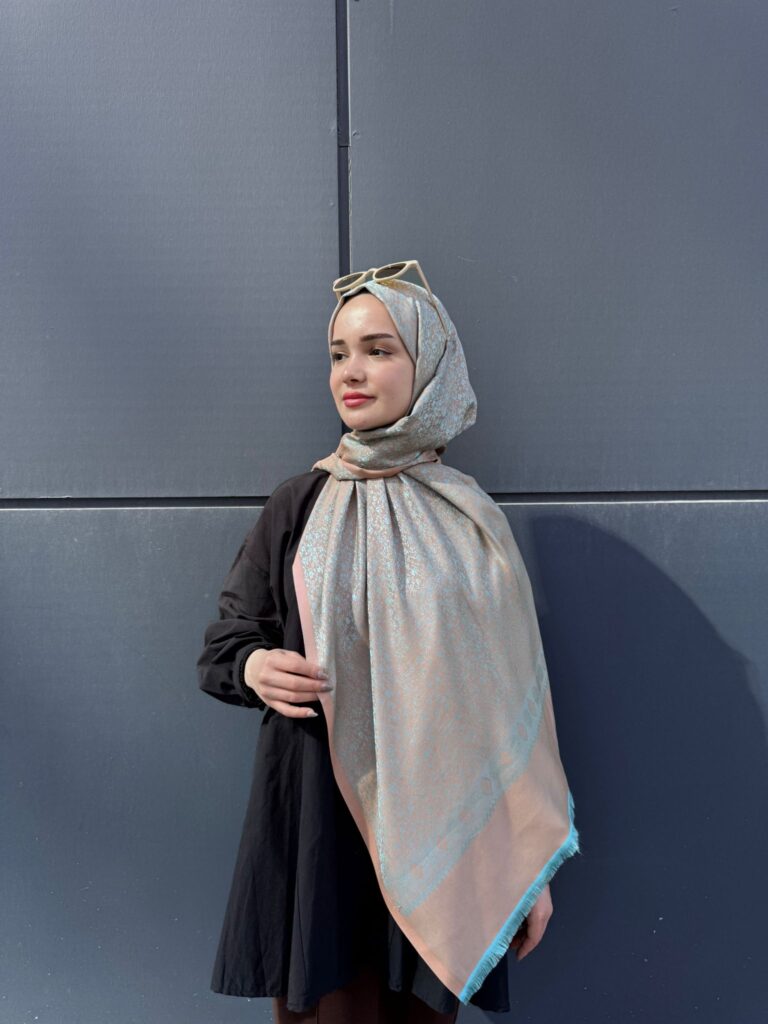 Sedef Desen Kendinden Dokulu Çift Taraflı Şal-40000-Turkuaz