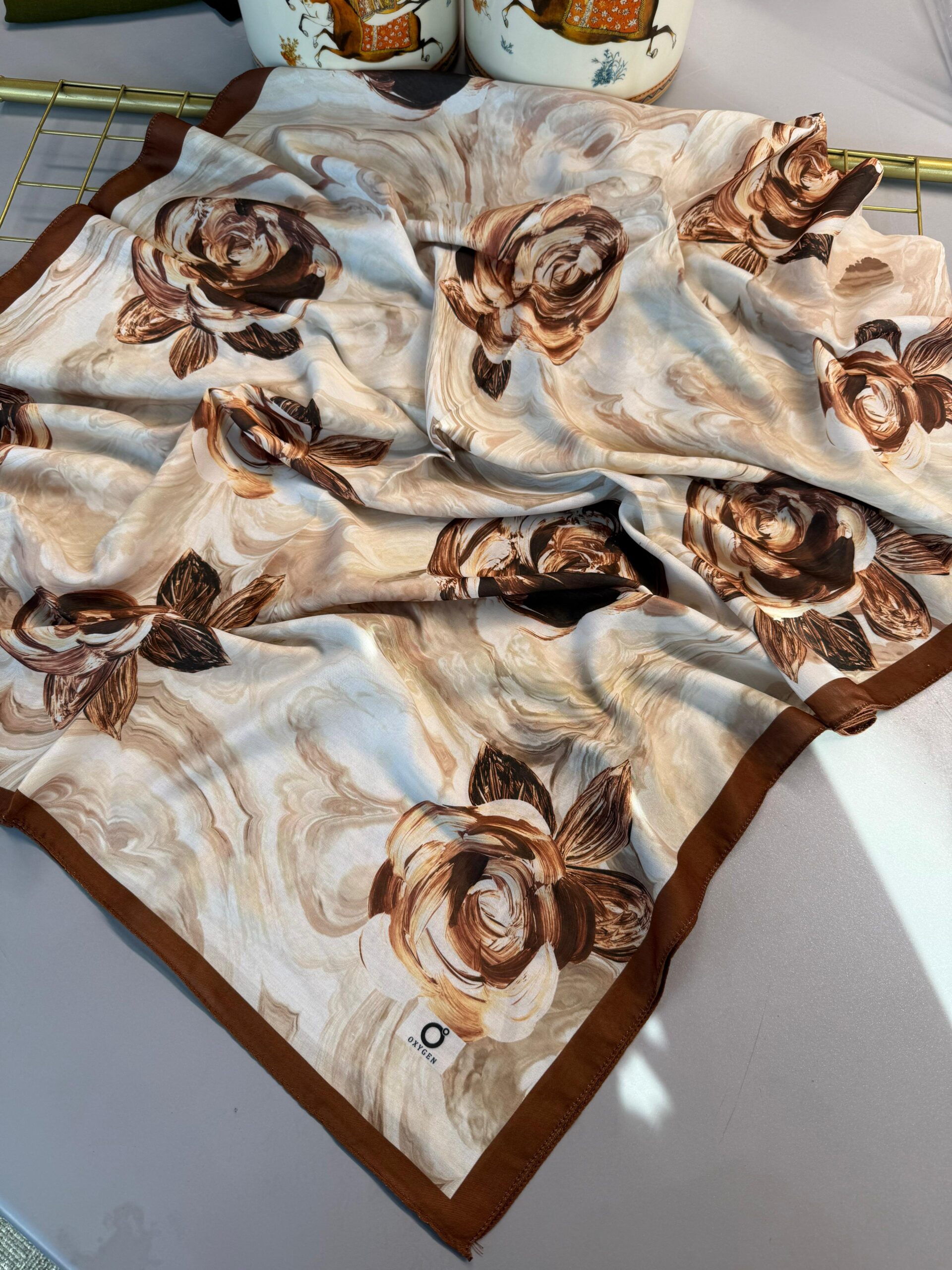 Summer Rose  Desen Pamuk İpek Şal-12000-Tarçın