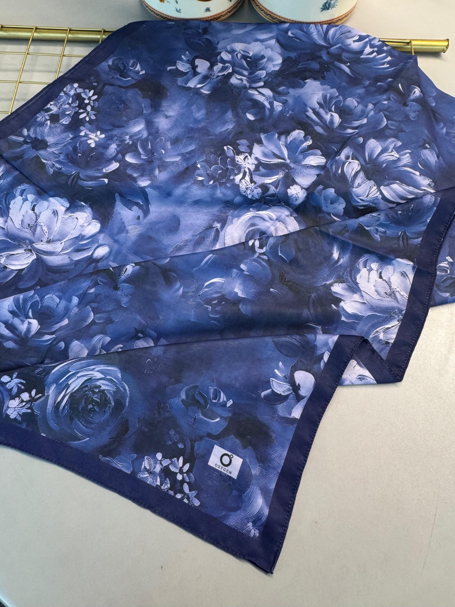 Mystic Bloom Desen Pamuk İpek Şal-Gece Mavi