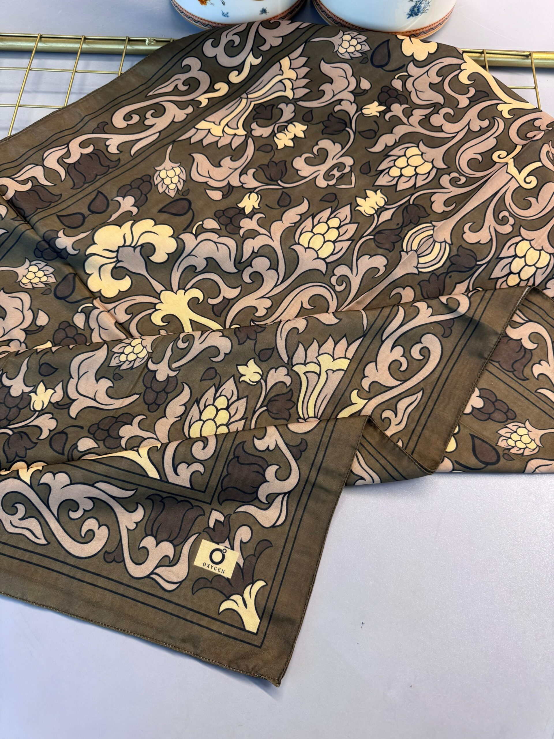 Lilyum Desen Pamuk İpek Şal-10008-Küf yeşili