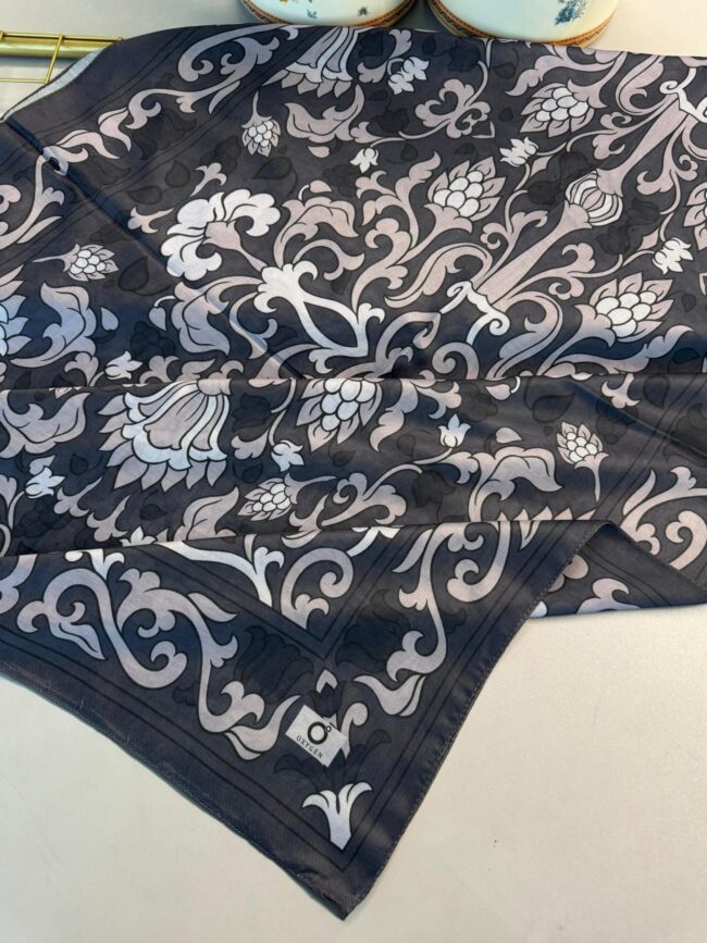 Lilyum Desen Pamuk İpek Şal-10008-Füme