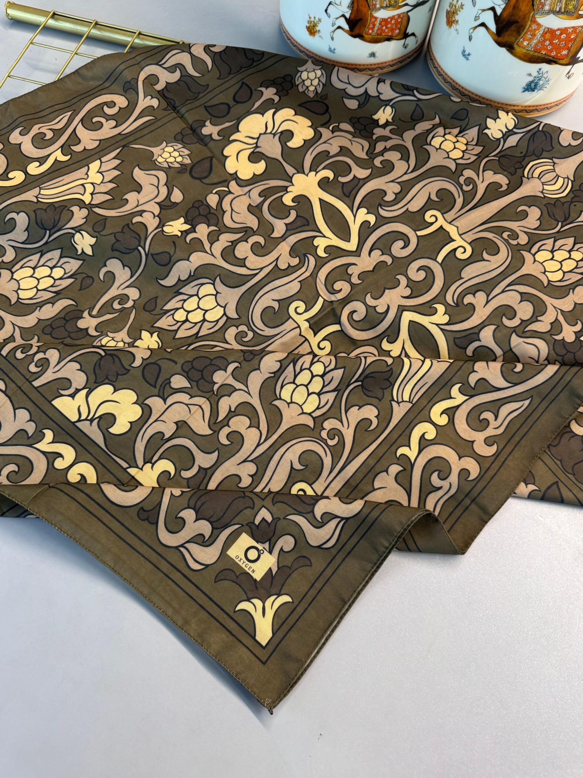 Lilyum Desen Pamuk İpek Şal-10008-Asker yeşili