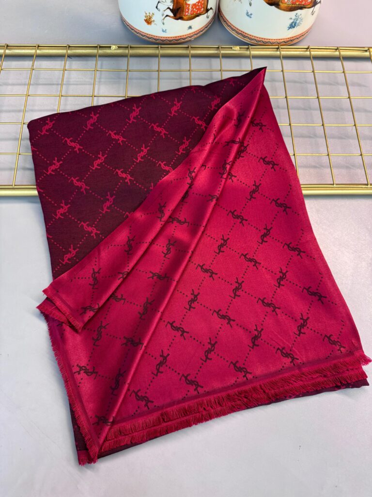 Ysl  Desen Kendinden Dokulu Desenli İtalyan Şal-10010-Kırmızı