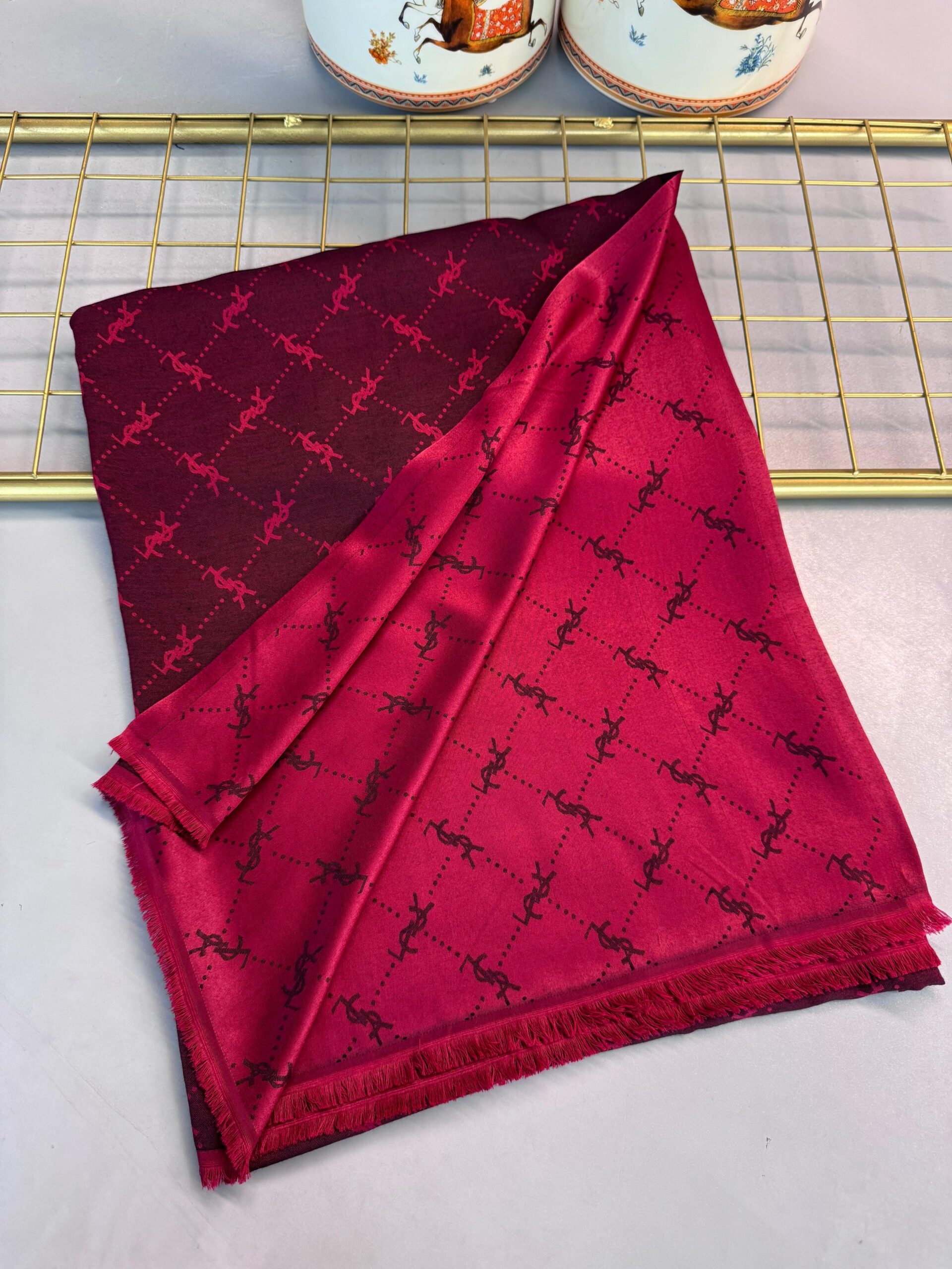 Ysl Desen Kendinden Dokulu Desenli İtalyan Şal-10010-Kırmızı