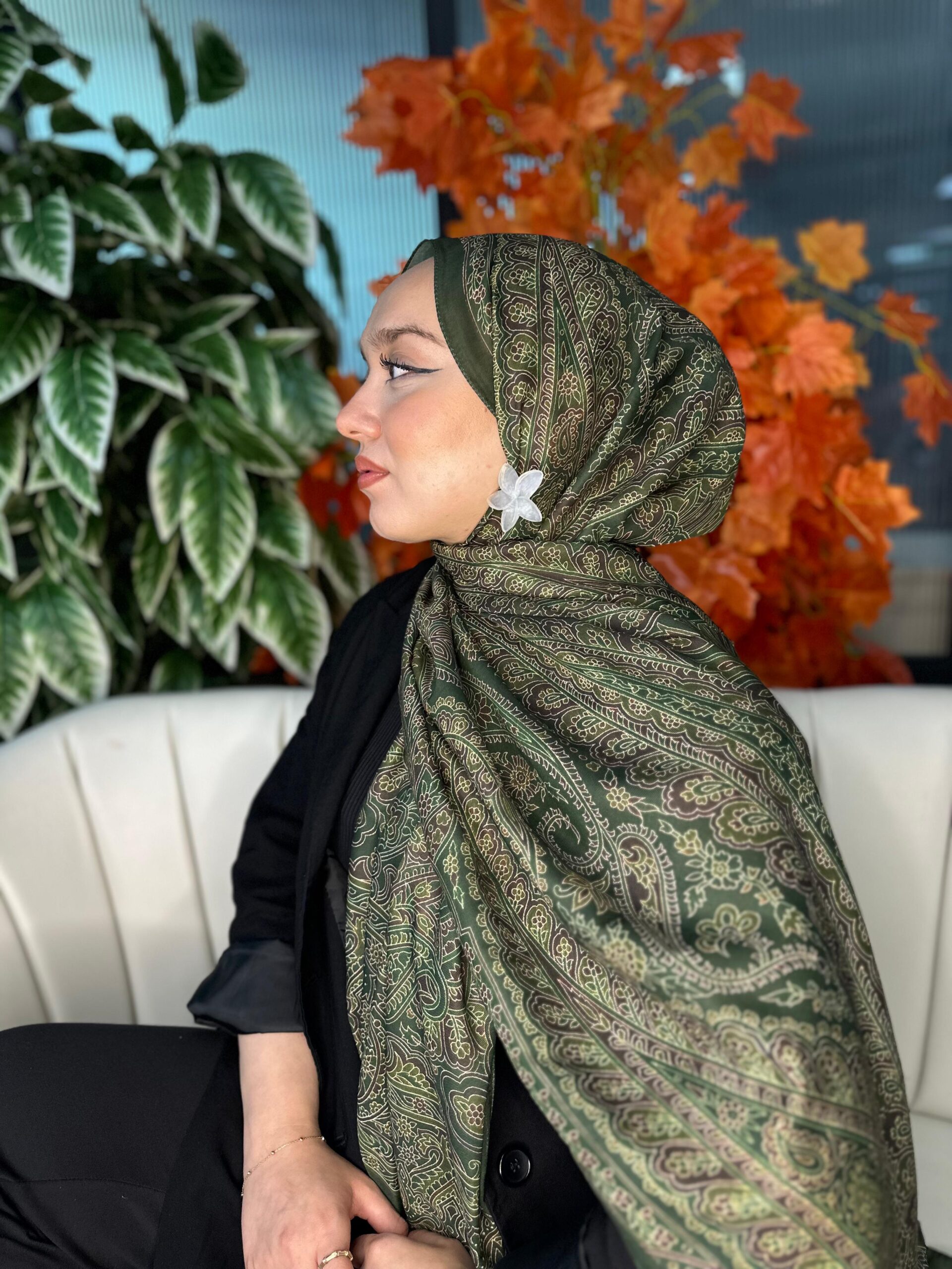 Harem  Desen Pamuk İpek Şal-30000-Çimen yeşil