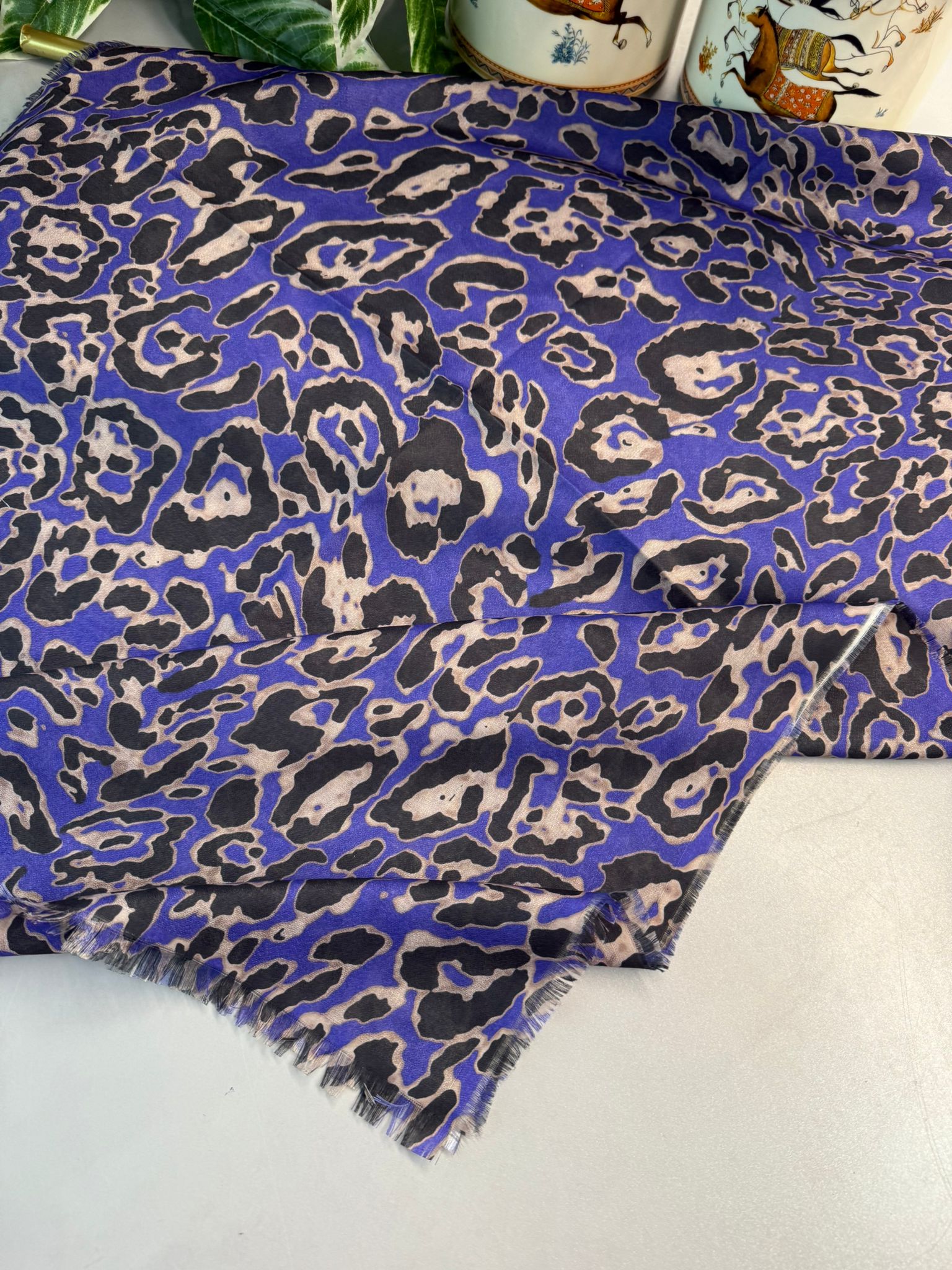 Ala Leopar Desen Naturel Pamuk Şal-Mor