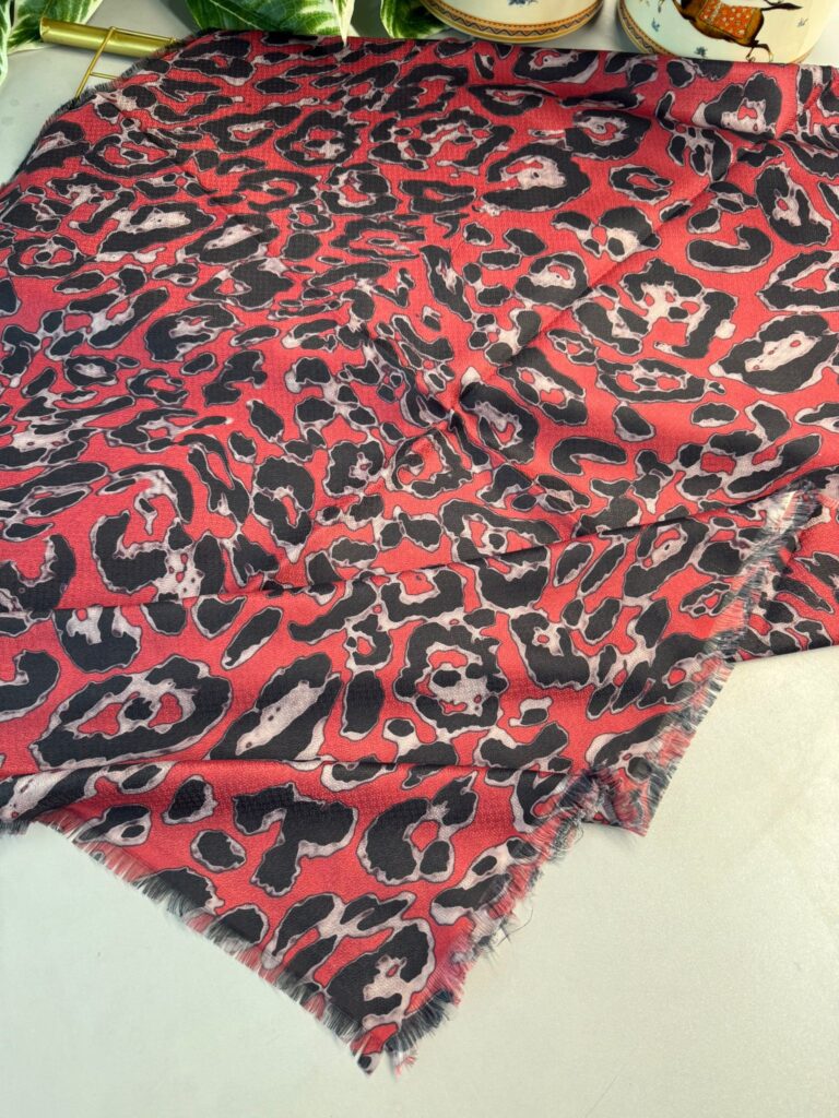 Ala Leopar Desen Naturel Pamuk Şal-Bordo