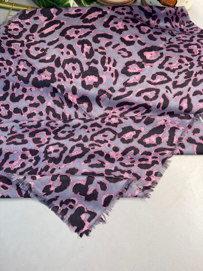 Ala Leopar Desen Naturel Pamuk Şal-Gri