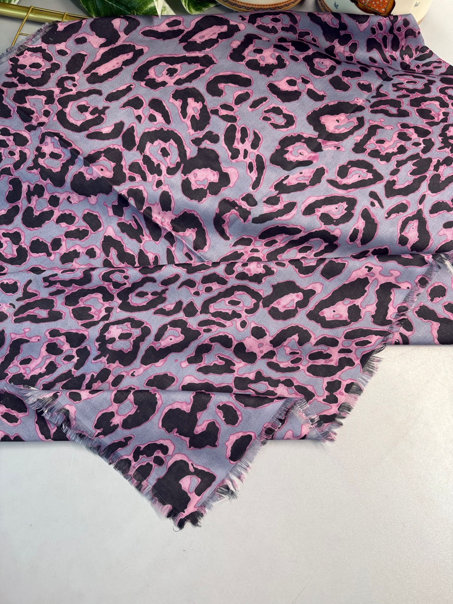 Ala Leopar Desen Naturel Pamuk Şal-Gri