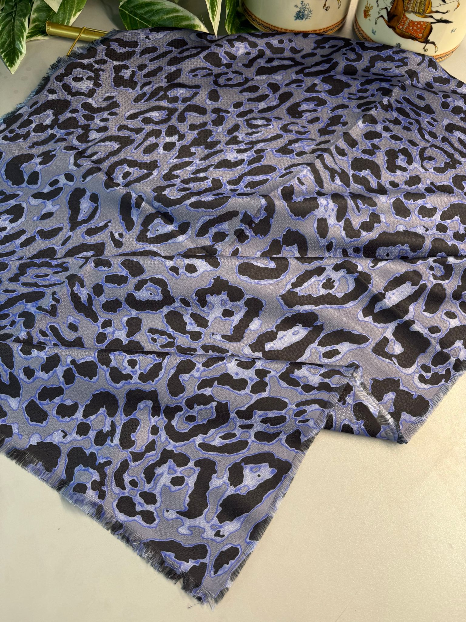 Ala Leopar Desen Naturel Pamuk Şal-İndigo
