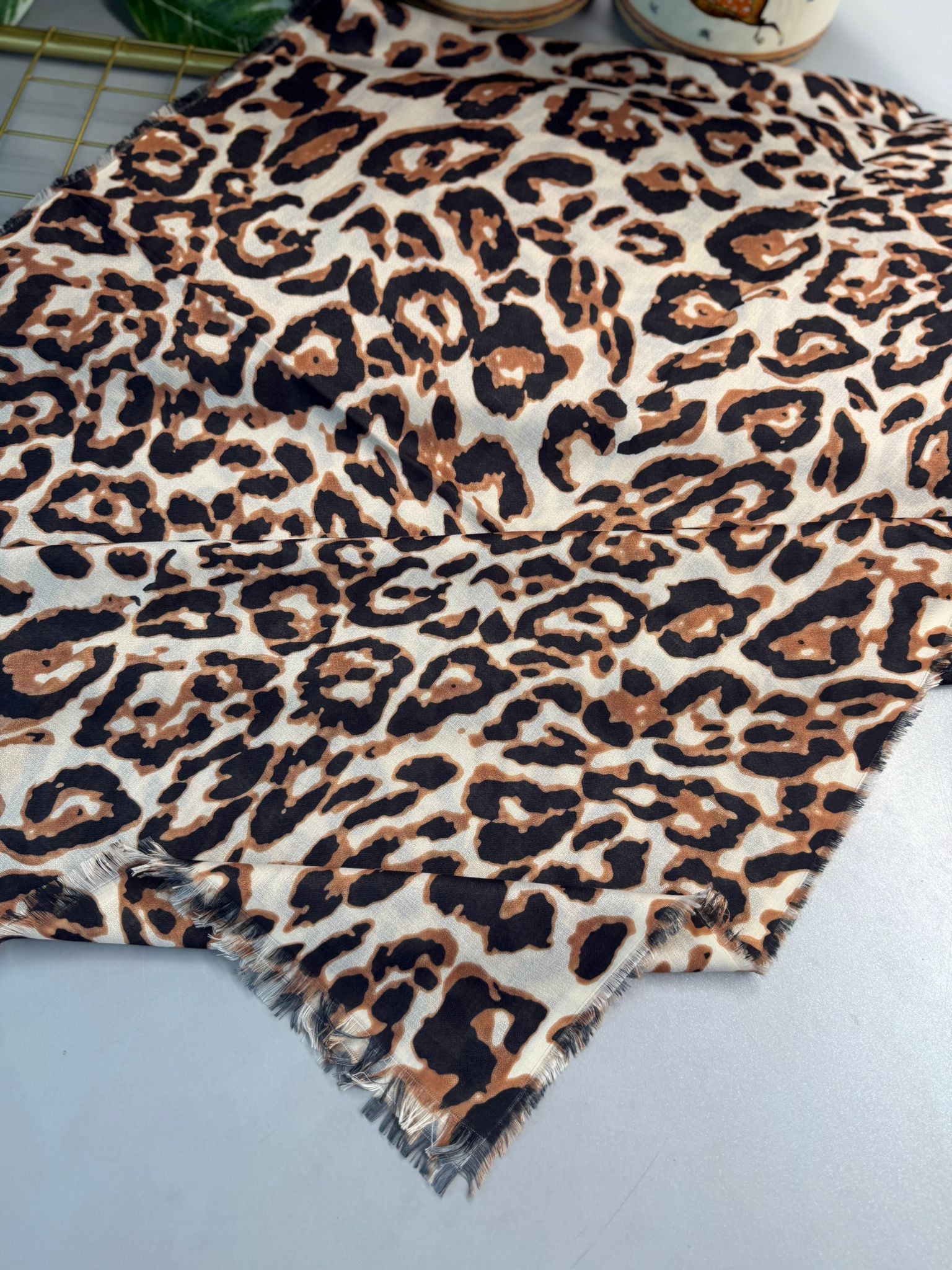 Ala Leopar Desen Naturel Pamuk Şal-Camel