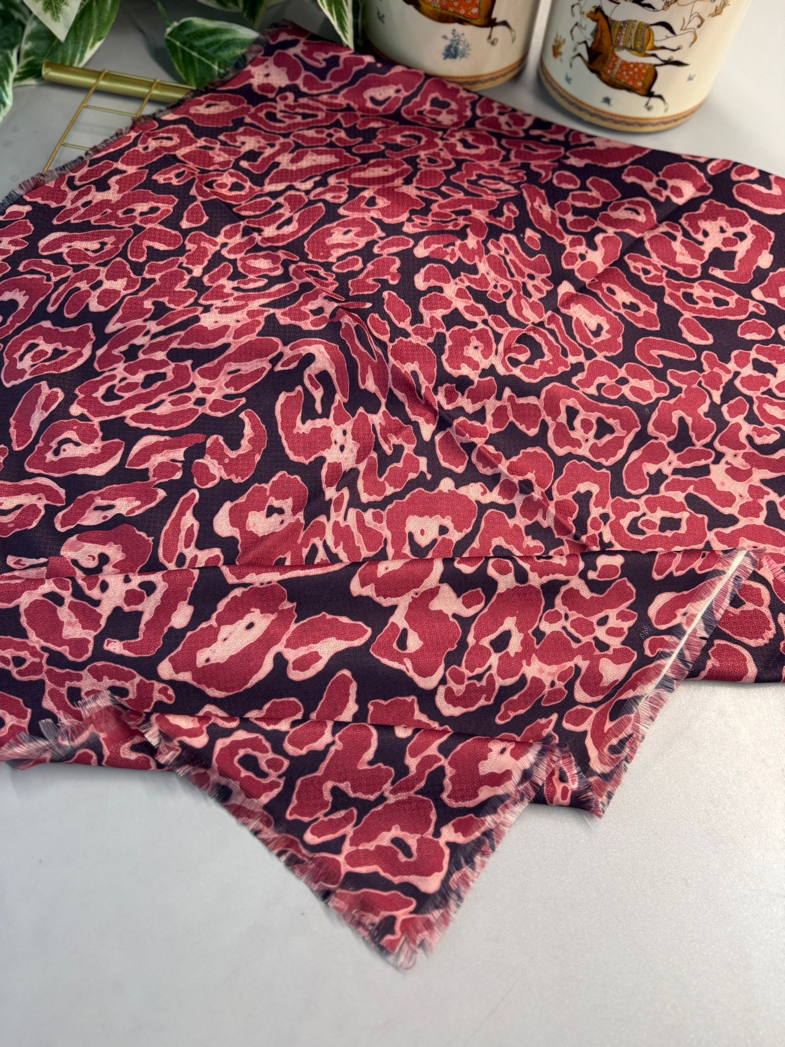 Ala Leopar Desen Naturel Pamuk Şal-Küllü kahve