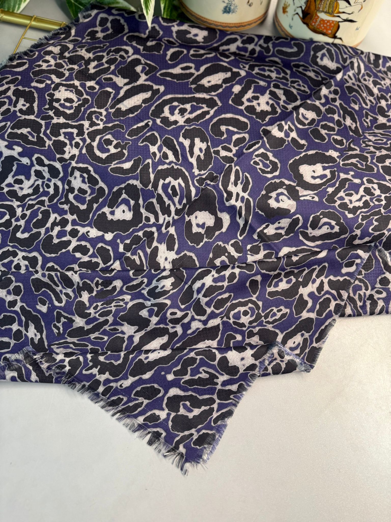 Ala Leopar Desen Naturel Pamuk Şal-Derin Mor