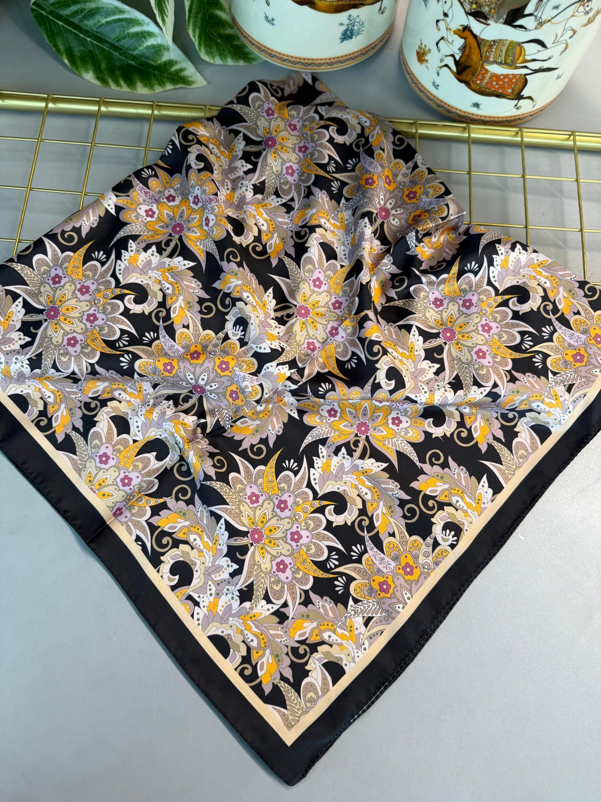 Mimoza Desen Vual İpek Eşarp-6203408-Siyah-lila