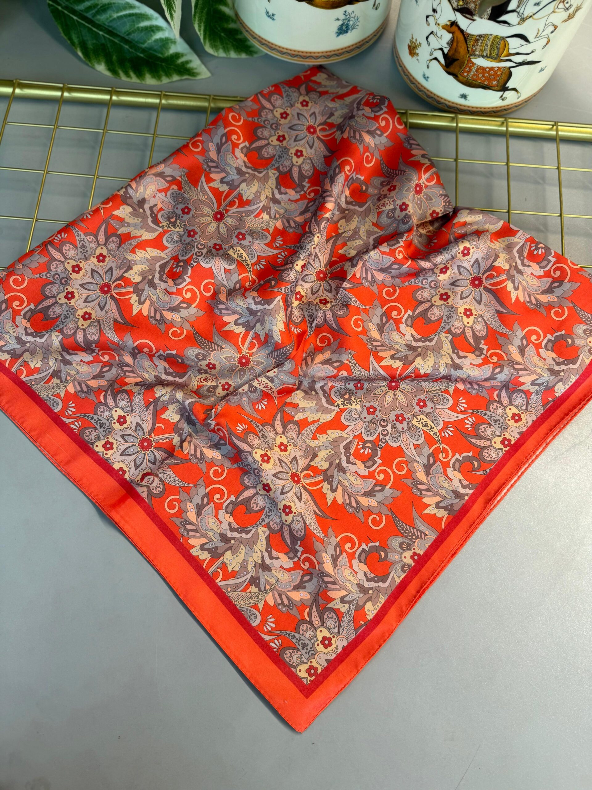 Mimoza Desen Vual İpek Eşarp-6203408-Oranj