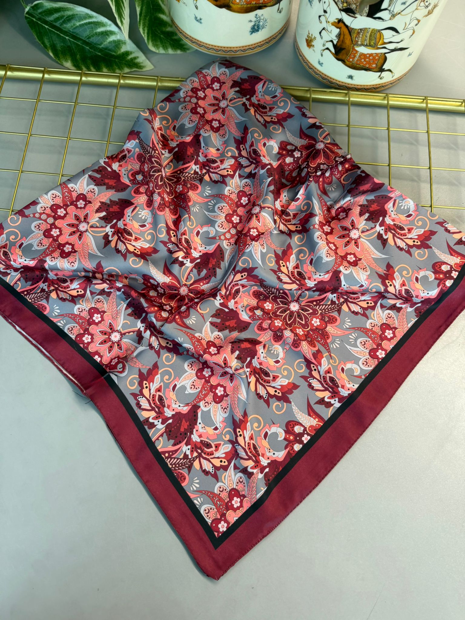 Mimoza Desen Vual İpek Eşarp-6203408-Bordo