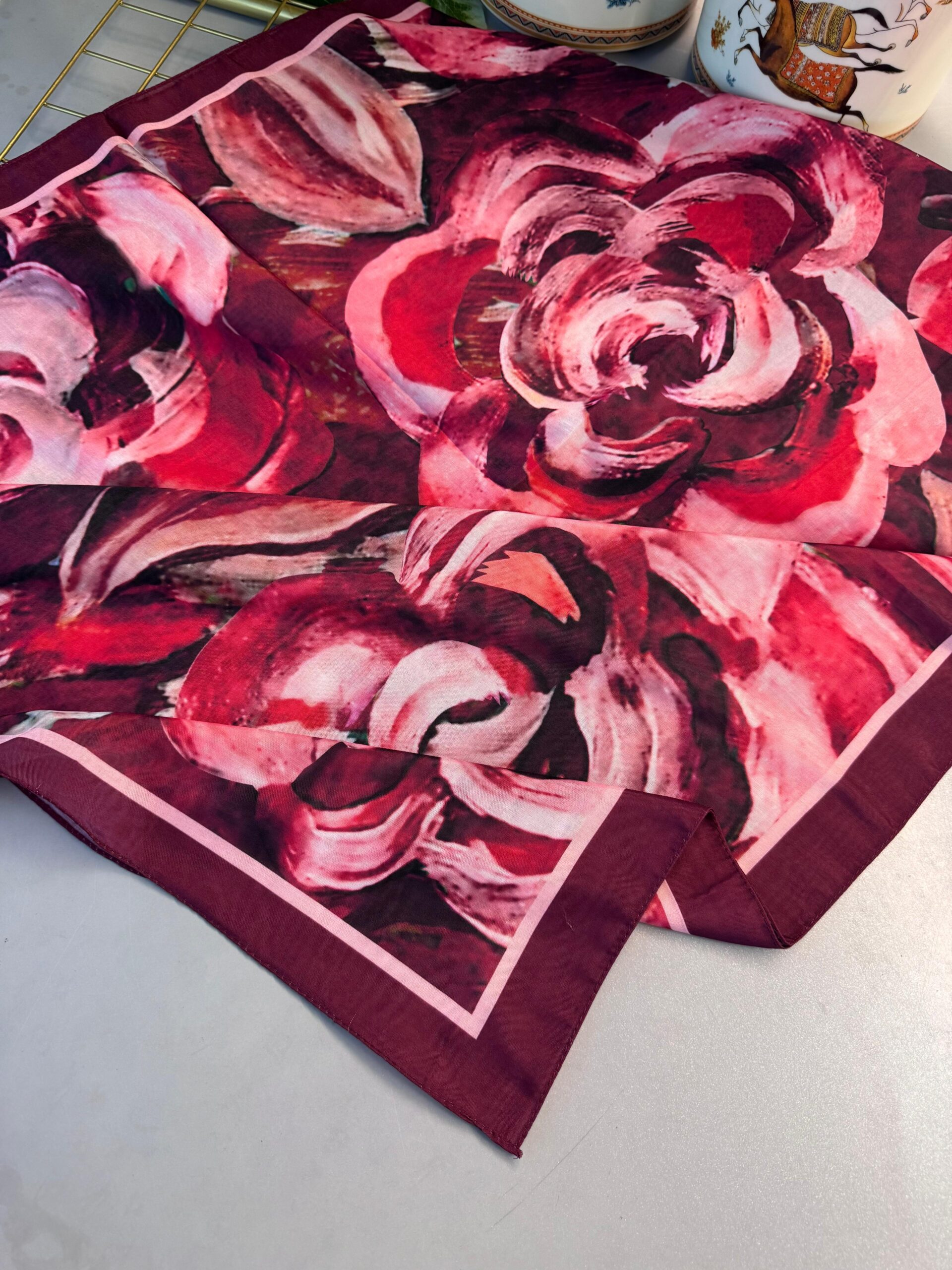 MAGNOLIA DESEN PAMUK İPEK ŞAL-6203253-Vişne