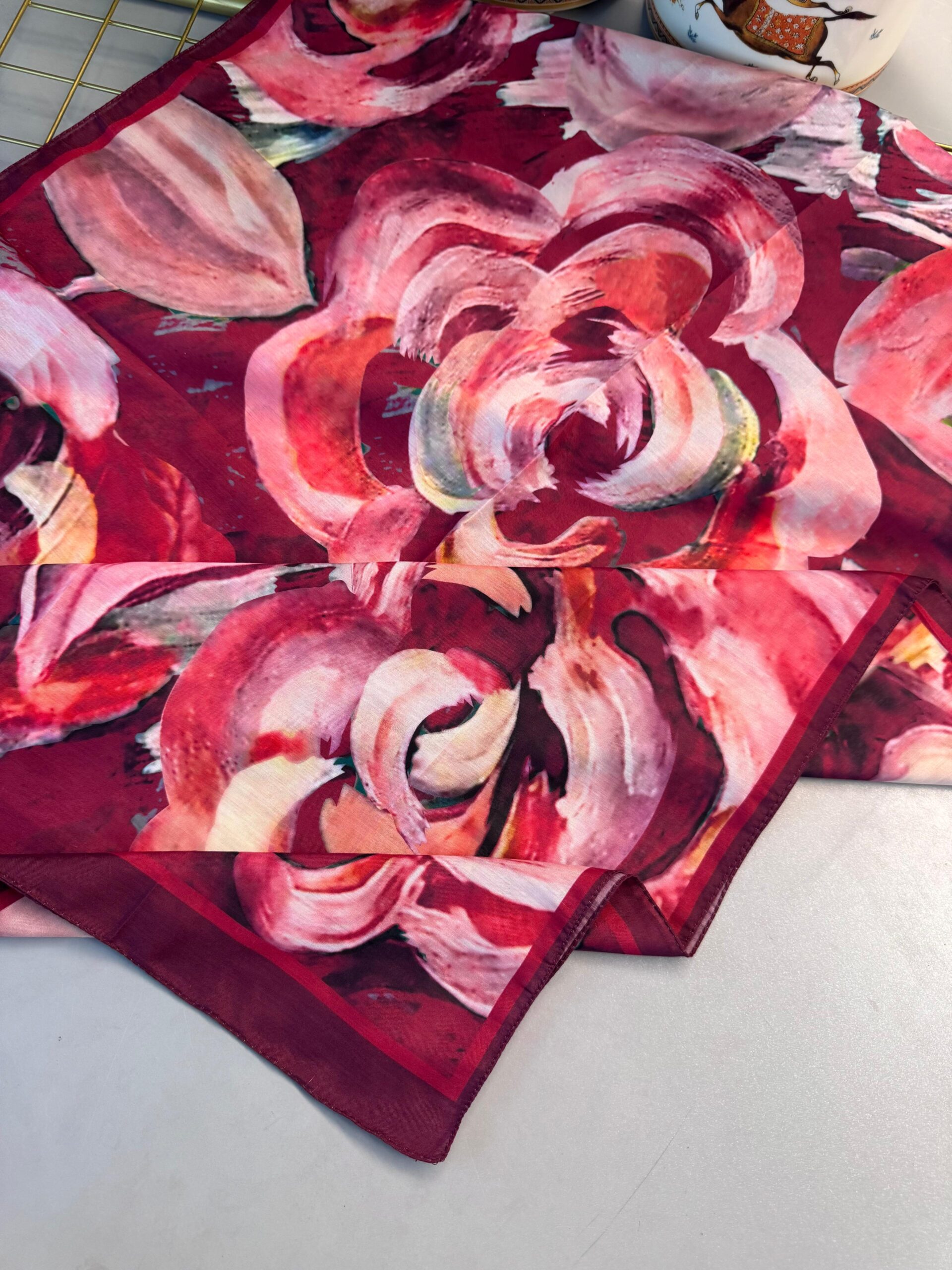 MAGNOLIA DESEN PAMUK İPEK ŞAL-6203253-Kırmızı